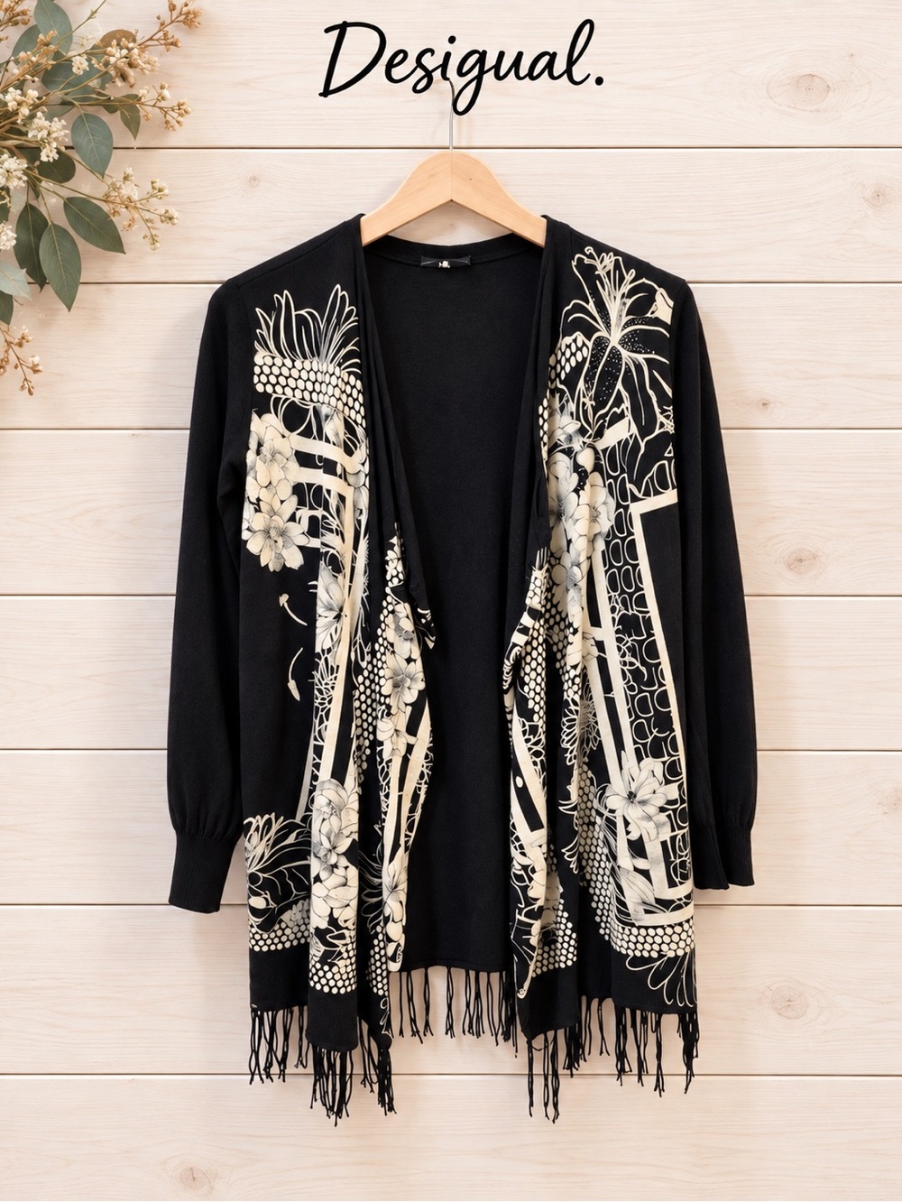 DESIGUAL Black Floral Fringe Cardigan S